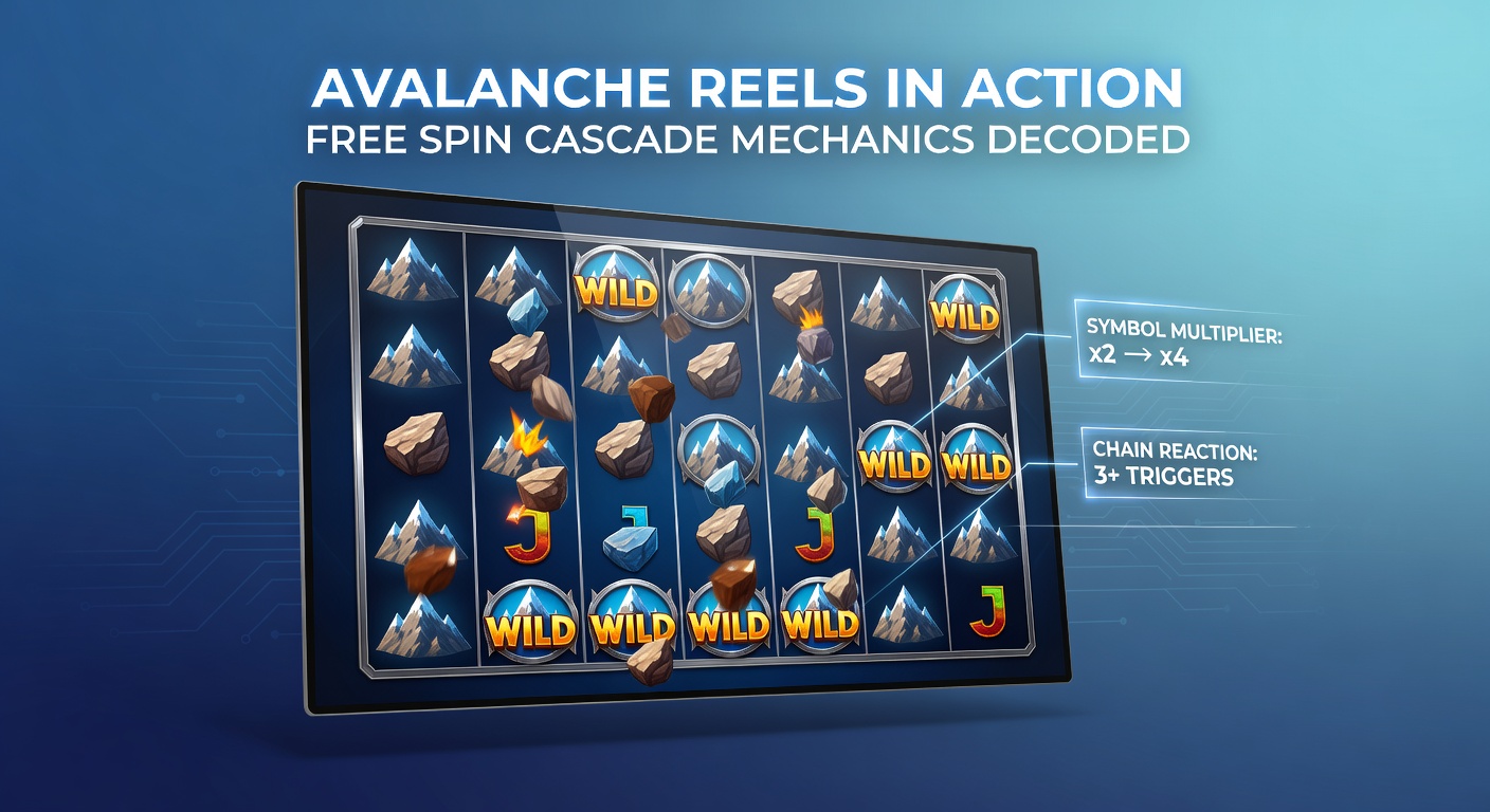 Close-up of avalanche slot free spins with tumbling symbols, rising multipliers, and a massive win counter exploding on screen