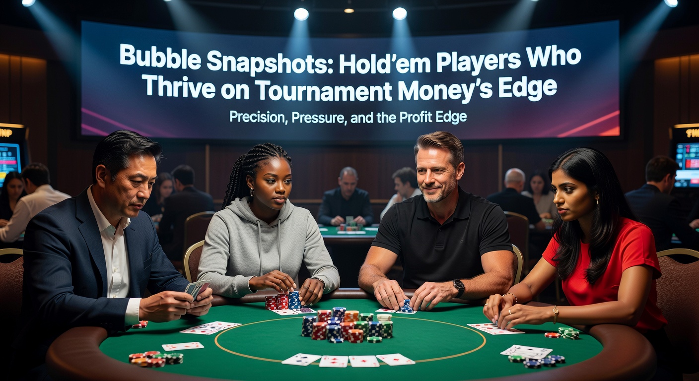 A tense poker table during a tournament bubble phase, with players deep in concentration as stacks vary widely and the money bubble looms