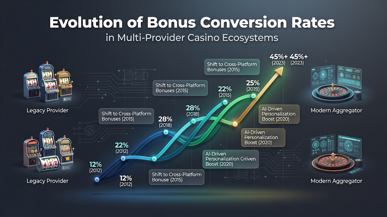 Graph showing historical bonus conversion rate trends across multi-provider casino platforms from 2015 to 2026