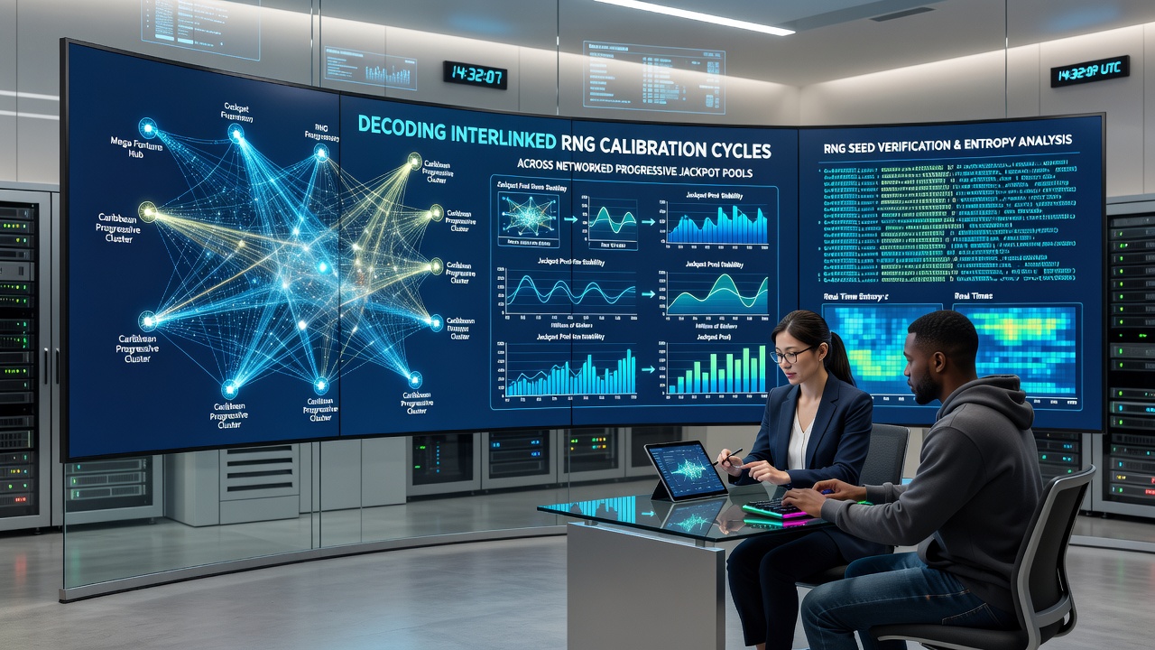 Technician reviewing calibration data on multiple networked jackpot terminals