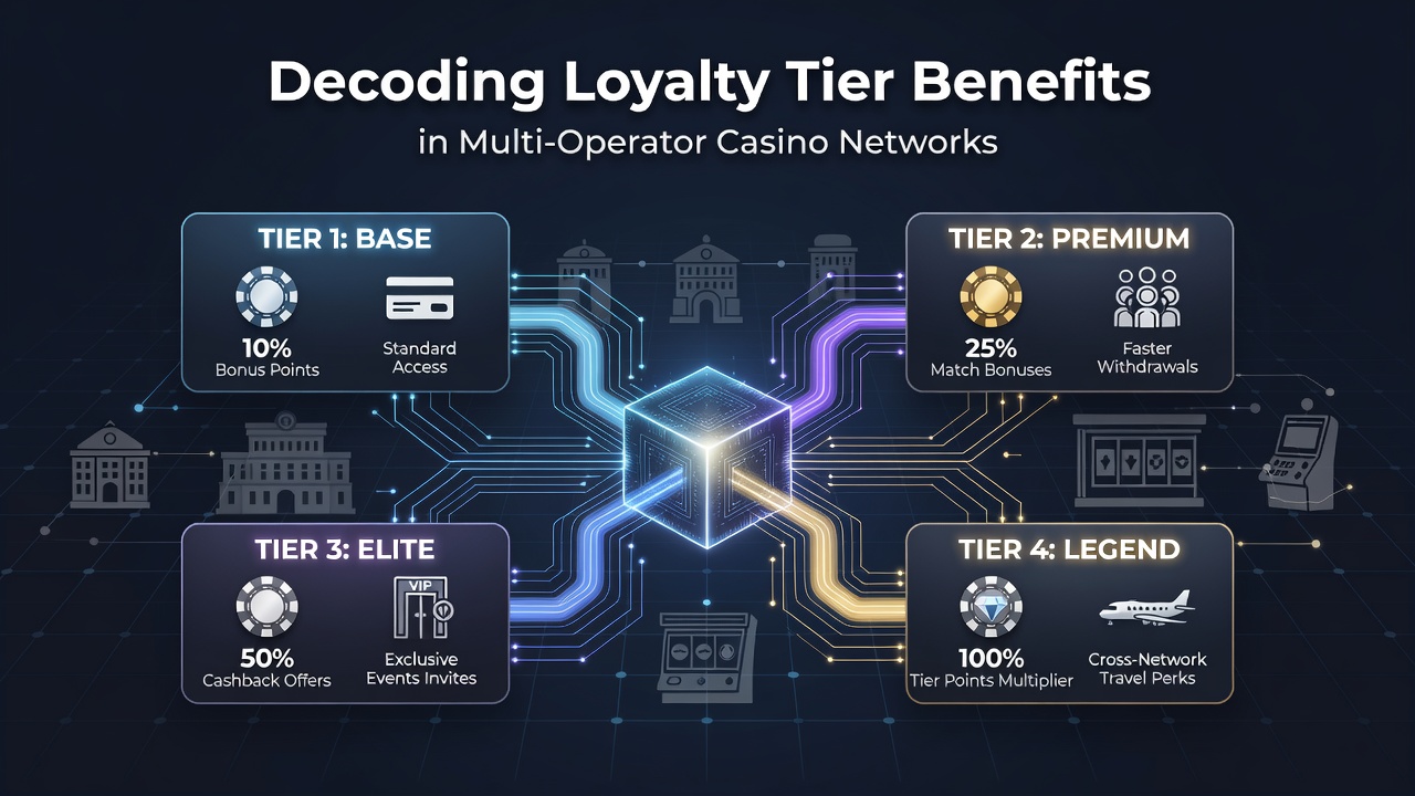 Diagram showing interconnected casino loyalty tiers across multiple operators with points flow and reward levels