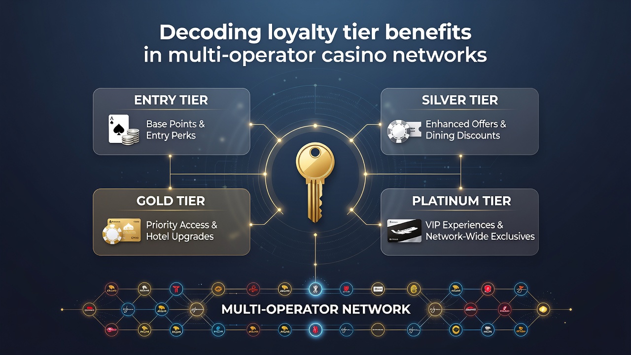 Infographic illustrating tier progression, point multipliers, and cross-property reward redemptions in a shared casino network