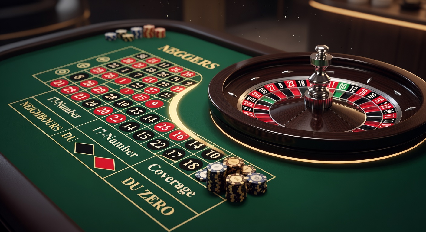 Digital racetrack interface on a French roulette table displaying the Neighbours du Zero bet placement with chips highlighted on the 17 numbers