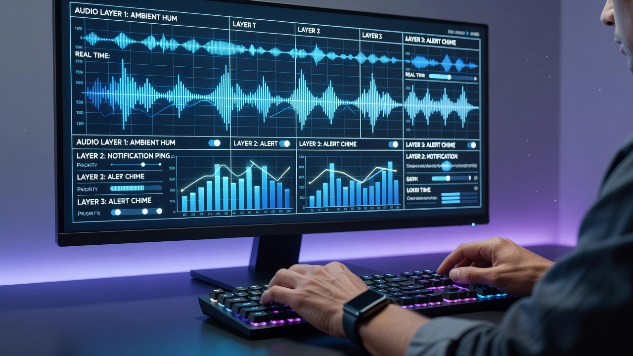Digital table interface showing layered audio controls and virtual gaming environment