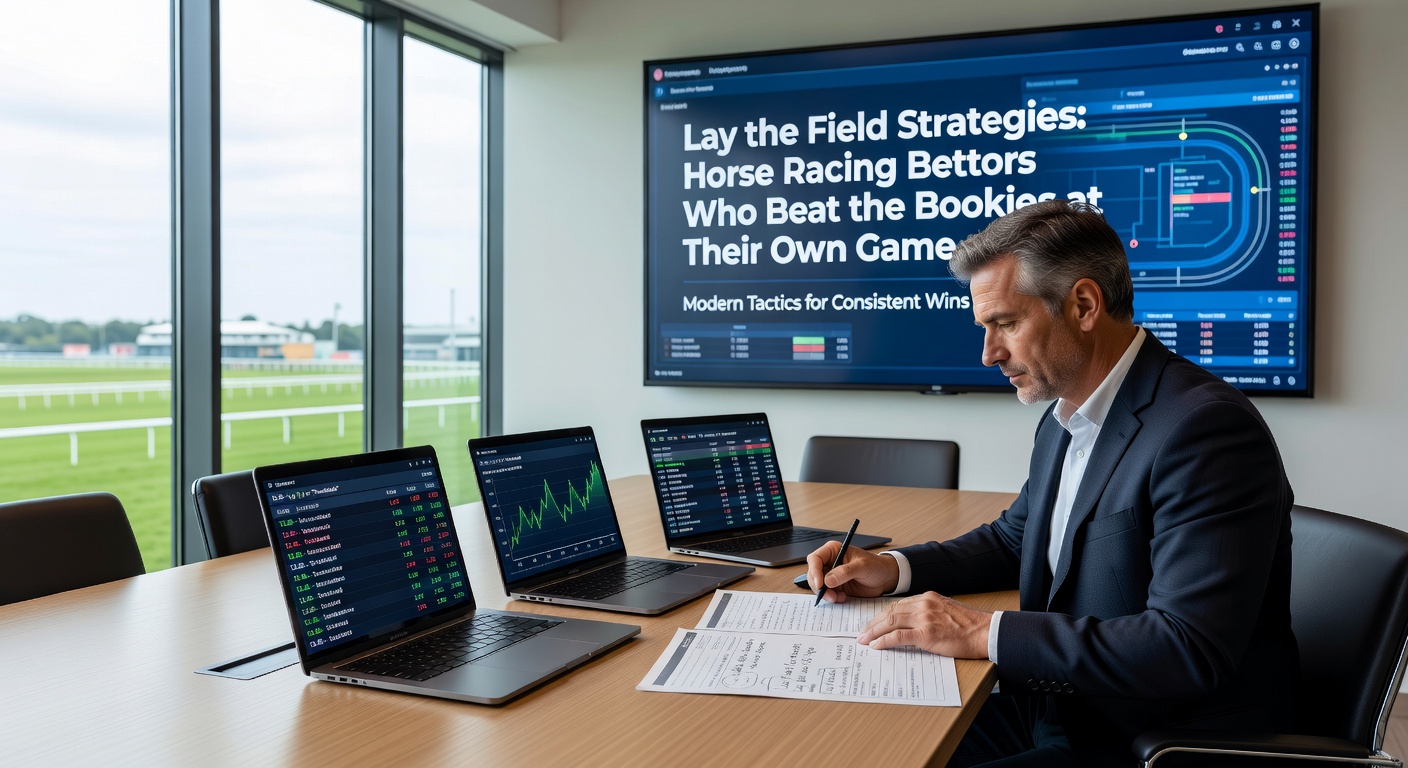 Horse racing track with bettors analyzing odds on screens, capturing the intensity of lay strategies in action