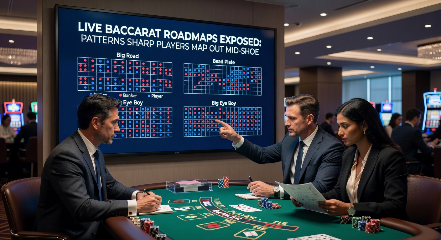 Close-up of mid-shoe baccarat roadmaps illustrating streak patterns and player bet placements