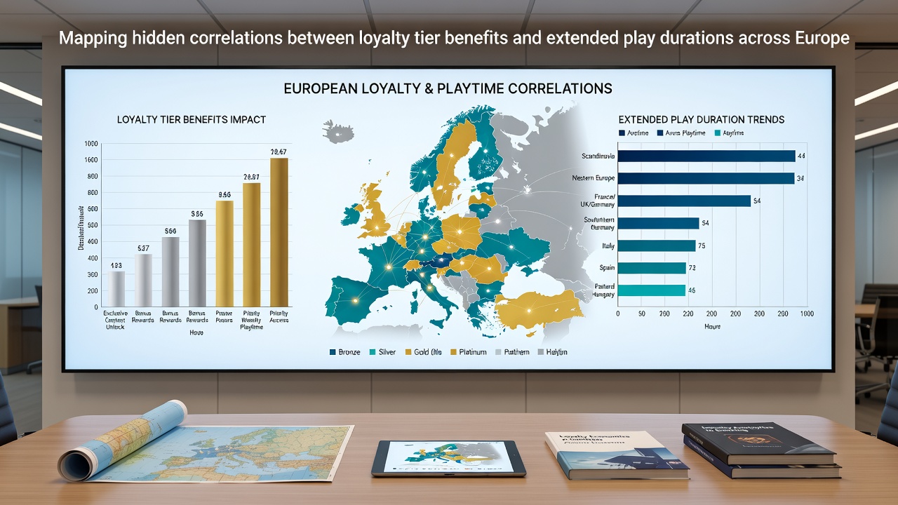 Analytics dashboard showing correlation graphs between loyalty tiers and average session durations on European platforms