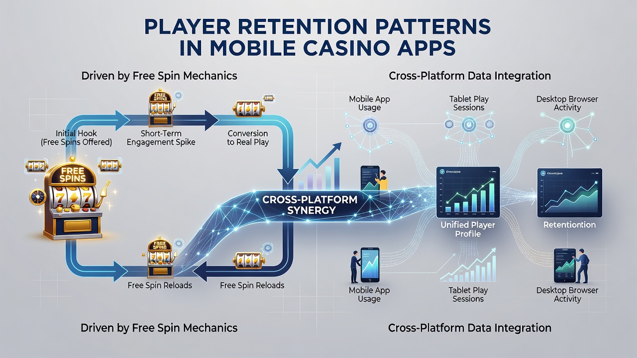 Analytics dashboard displaying cross-platform player retention rates and free spin usage statistics