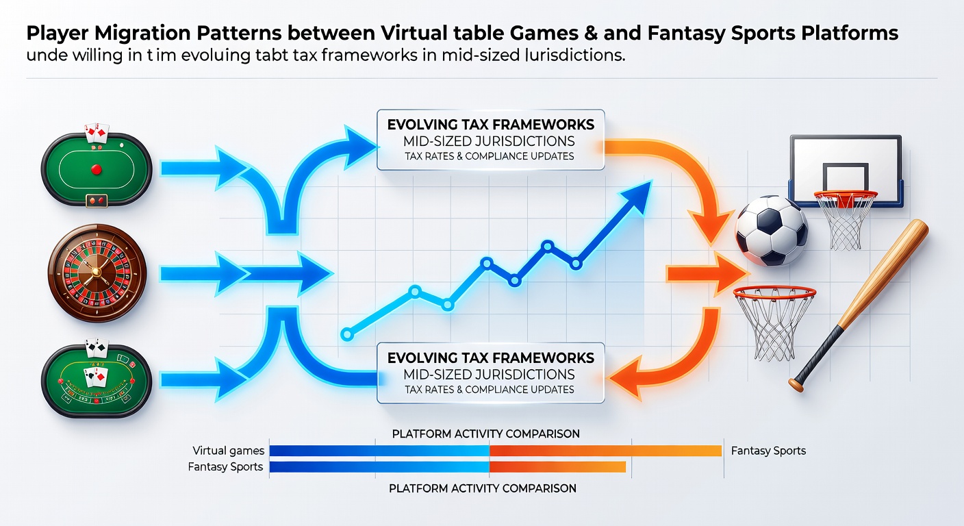 Illustration showing digital interfaces of virtual table games transitioning toward fantasy sports platforms with tax-related charts in the background