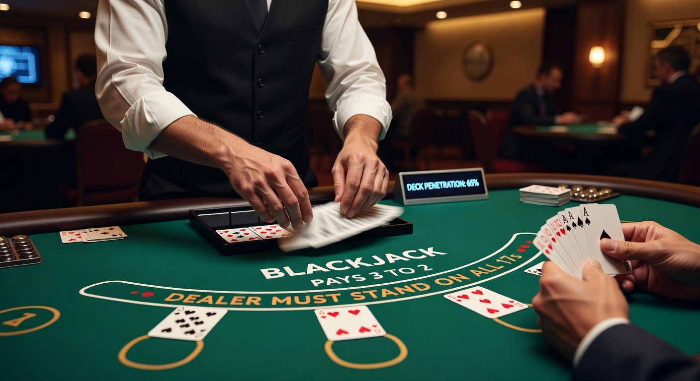 A blackjack dealer shuffling cards at a live table, highlighting the shoe's penetration depth before reshuffle