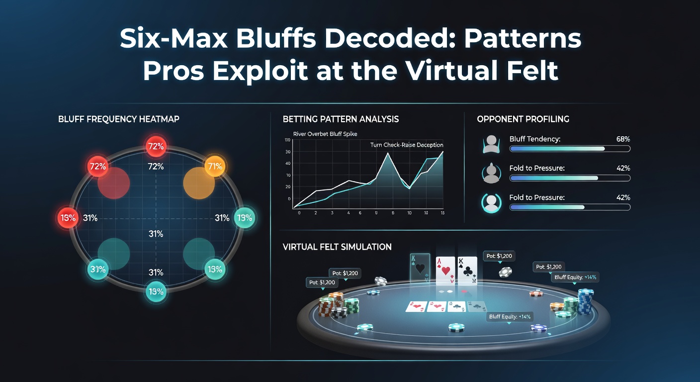 Data visualization chart displaying bluff frequency patterns by position and stack depth in six-max online poker hands