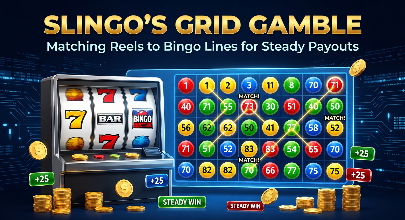 Vibrant Slingo game grid showing spinning reels below a 5x5 bingo card with matched lines highlighted in gold
