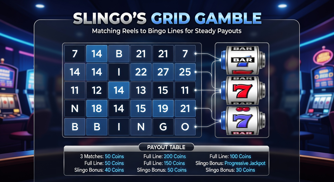 Close-up of Slingo reels spinning with jokers and numbers aligning perfectly to complete multiple bingo lines on the glowing grid