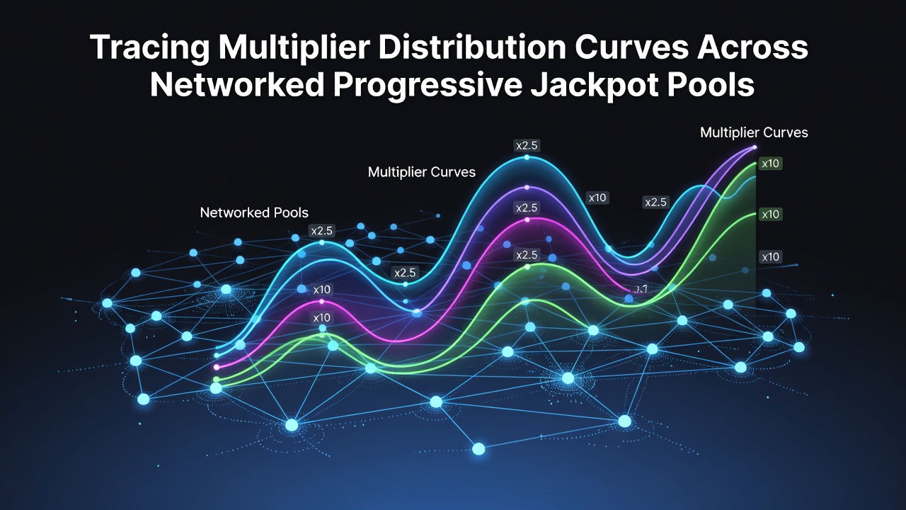 Network diagram showing interconnected progressive jackpot pools wth multiplier distribution overlays