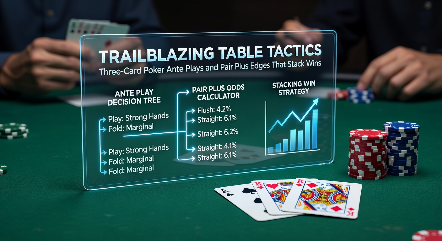 Vibrant three-card poker table setup showing ante bets, player hands, and dealer showdown in a bustling casino environment