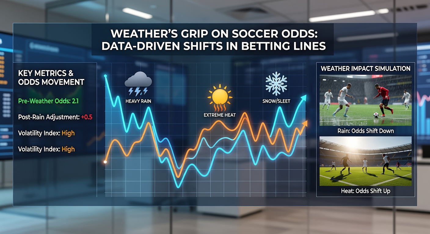 Line graph depicting betting odds fluctuations for a soccer match as rain probability rises from 0% to 80%, with sharp downward trends on over/under totals